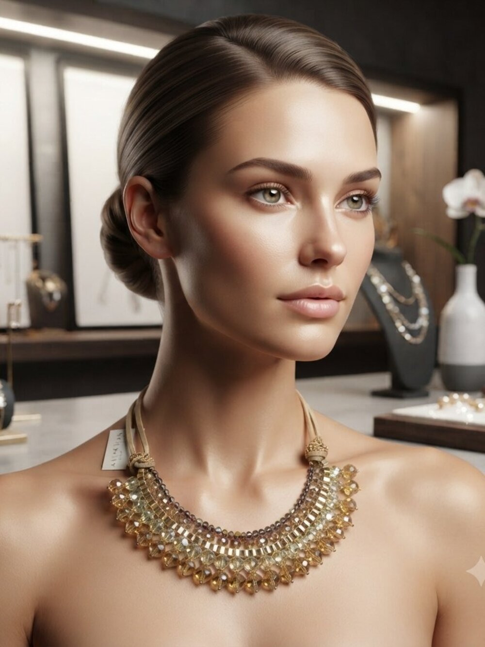 Ali khan champagne glass bead bib necklace with chain suede back & gift box